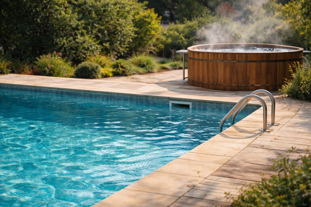 Pool med trappa och träbadtunna med ånga i trädgård.